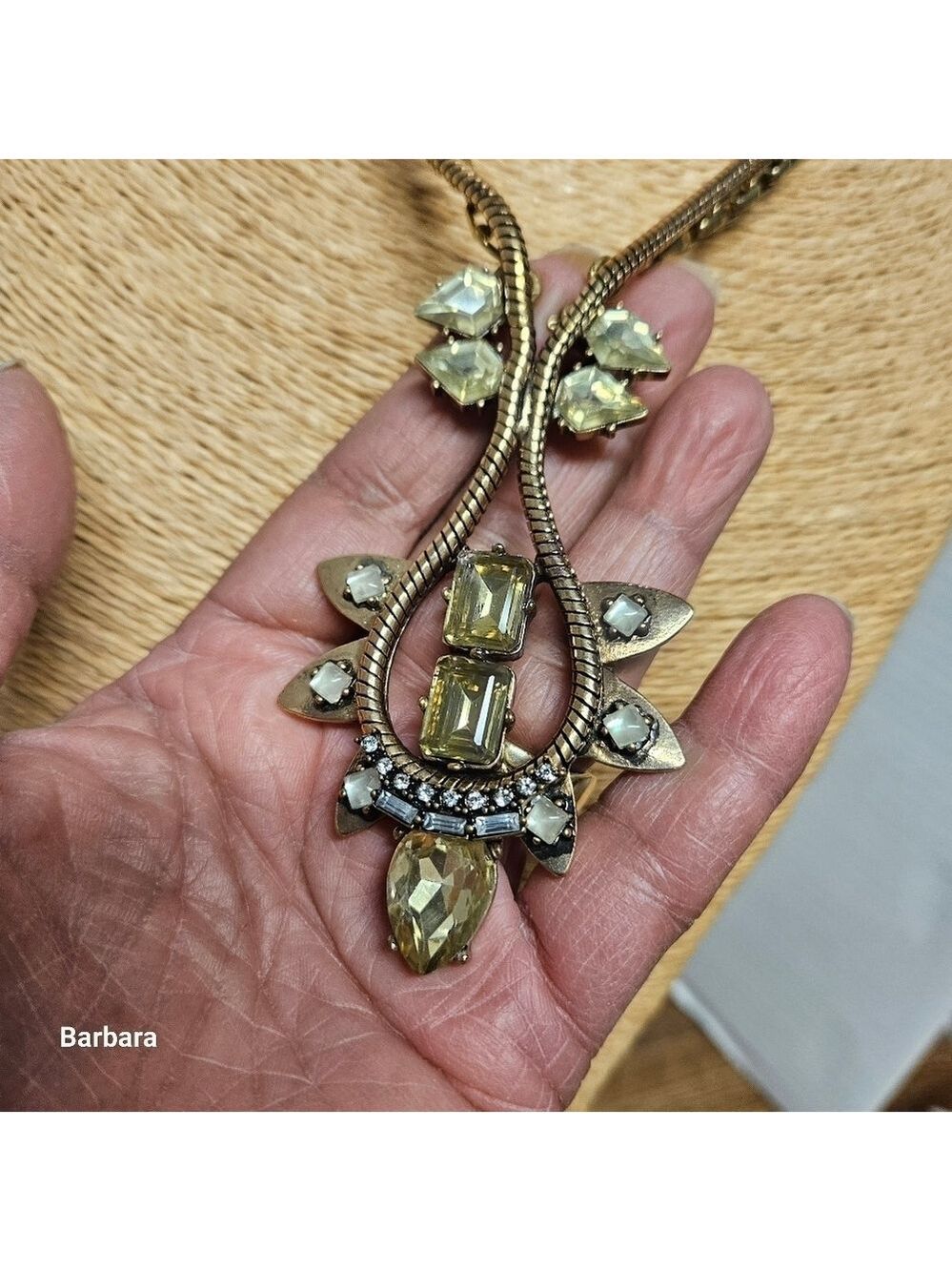 Vintage Brass Rhinestone Pendant Statement Necklace